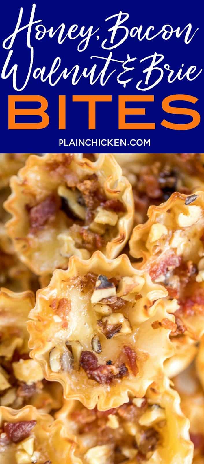 Honey Bacon Walnut and Brie Bites recipe - sweet and salty goodness!!! The flavor combination is totally addicting. Can make the bites ahead of time and refrigerate until ready to bake. Great for all your holiday parties and tailgating!! You might want to double the recipe - these cheese bites don't last long!! #appetizer #holidayappetizer #brie #cheese
