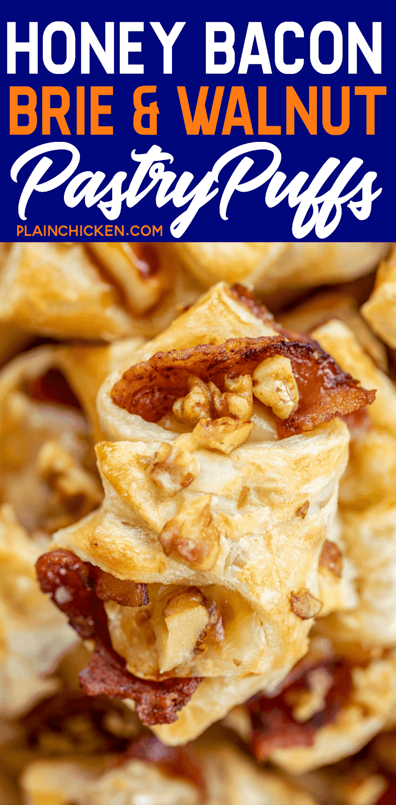 Honey Bacon Brie and Walnut Pastry Puffs recipe - sweet and salty goodness!!! The flavor combination is totally addicting. Can make the bites ahead of time and refrigerate or freeze until ready to bake. Great for all your holiday parties and tailgating!! You might want to double the recipe - these pastry puffs don't last long!! #appetizer #tailgating #brie #bacon