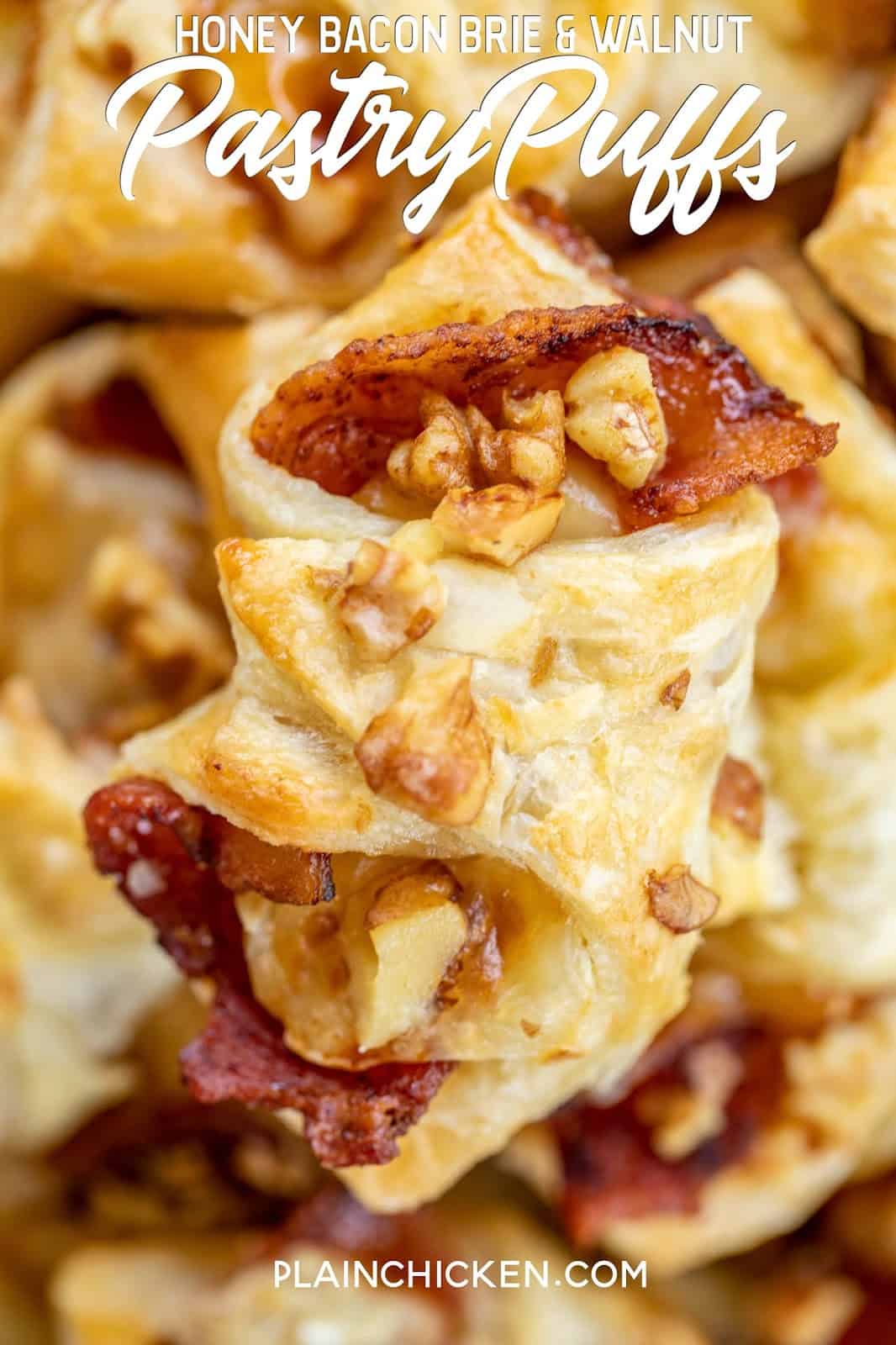 Honey Bacon Brie and Walnut Pastry Puffs recipe - sweet and salty goodness!!! The flavor combination is totally addicting. Can make the bites ahead of time and refrigerate or freeze until ready to bake. Great for all your holiday parties and tailgating!! You might want to double the recipe - these pastry puffs don't last long!! #appetizer #tailgating #brie #bacon