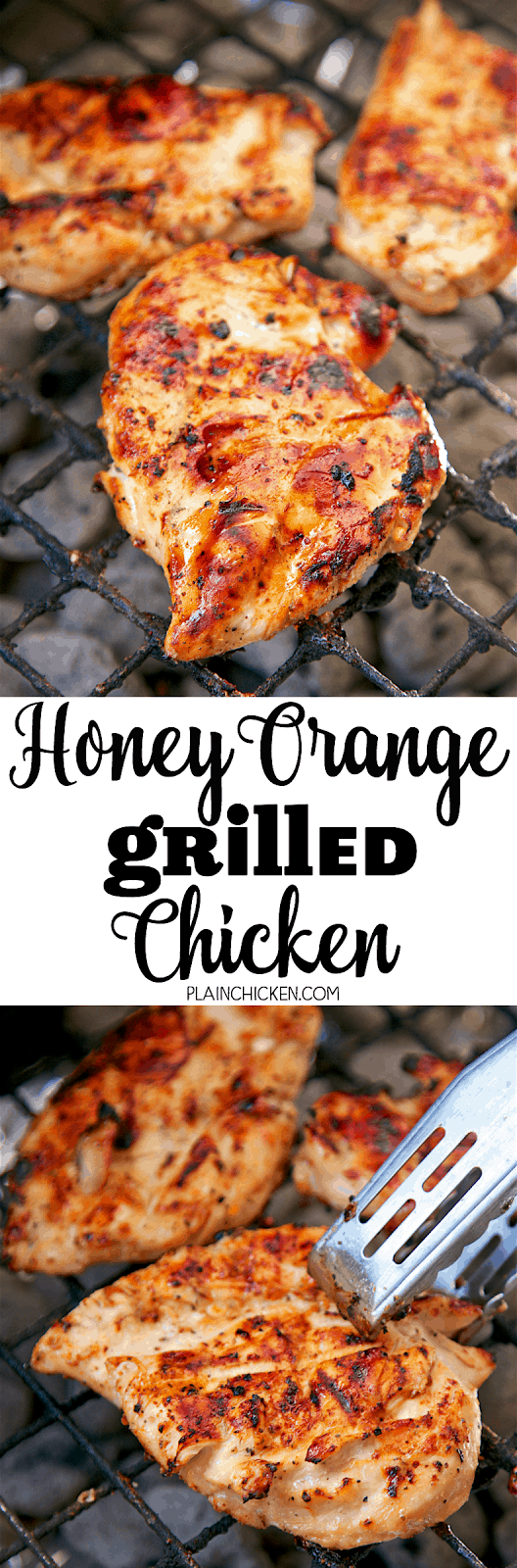 Honey Orange Grilled Chicken - only 4 ingredients! Orange juice, honey, Italian dressing mix and chicken. Marinate for an hour and grill. SO easy and super delicious! We doubled the recipe and ate leftovers the next day. Crazy good!