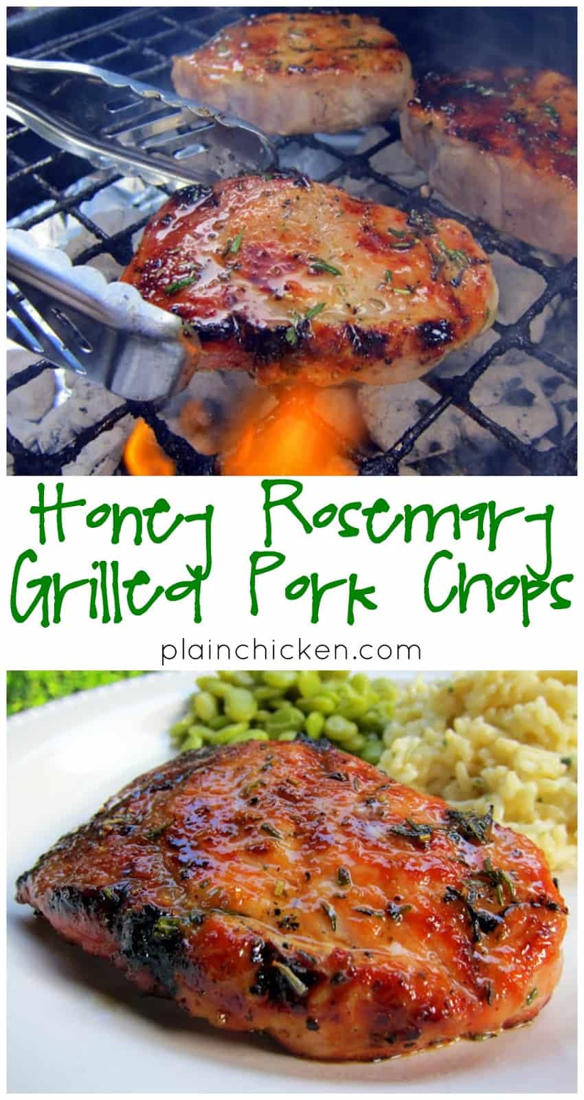Honey Rosemary Grilled Pork Chops - pork brushed with honey, olive oil, and fresh rosemary. I prepped the meat while the grill heated up.  It only took a few minutes. The pork chops were tender, juicy and packed full of flavor.  The rosemary was so fragrant, and the honey added the perfect touch of sweetness.