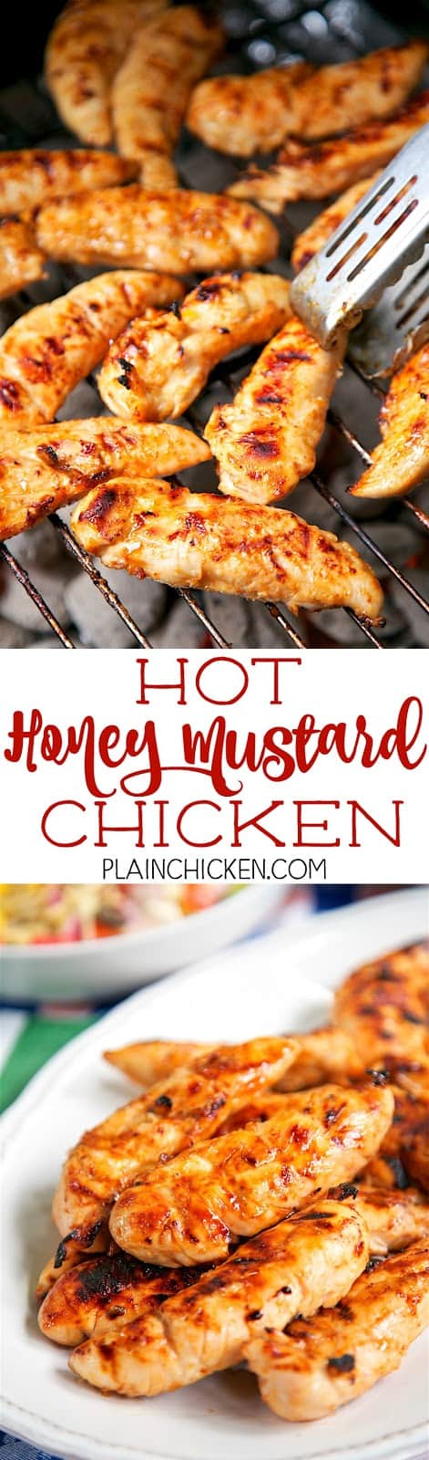 Hot Honey Mustard Chicken - only 4 ingredients including the chicken! Honey, mustard, hot sauce and chicken. Can grill or cook on the stove. This chicken is CRAZY good! Sweet with a little heat! Great for a crowd and tailgating!
