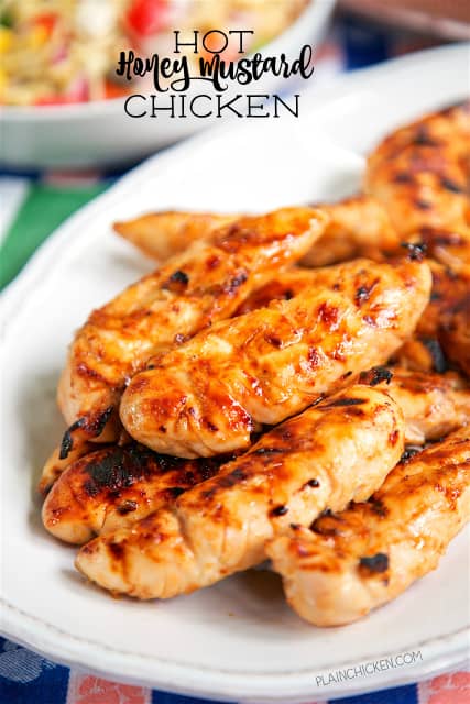 Hot Honey Mustard Chicken - only 4 ingredients including the chicken! Honey, mustard, hot sauce and chicken. Can grill or cook on the stove. This chicken is CRAZY good! Sweet with a little heat! Great for a crowd and tailgating!