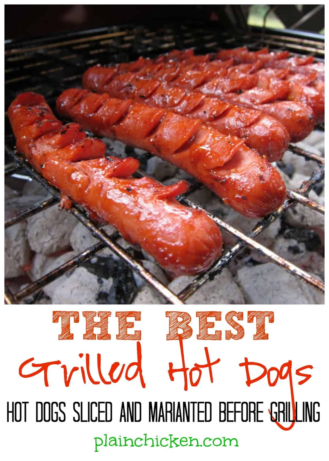 THE BEST Grilled Hot Dogs - hot dogs sliced and marinated before grilling - you will never grill hot dogs any other way! These are seriously amazing!!