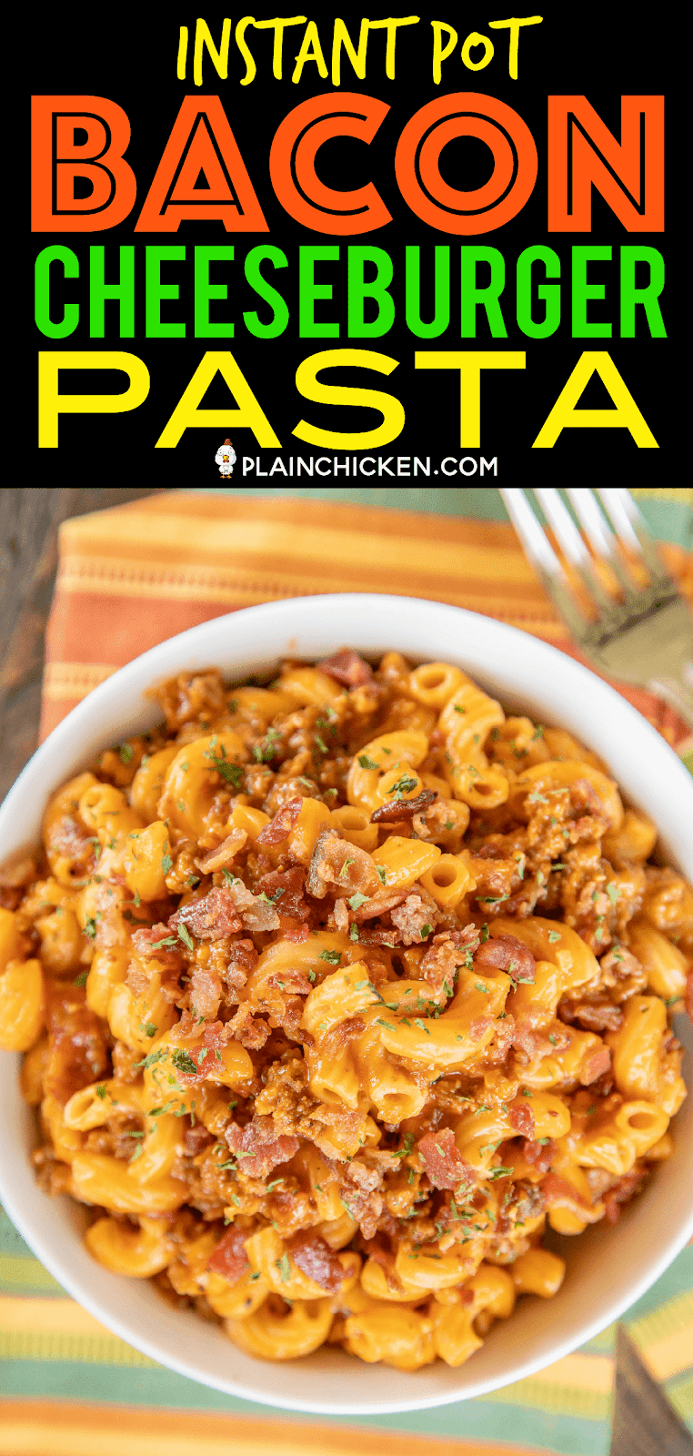 Instant Pot Bacon Cheeseburger Pasta - a weeknight family favorite! Just cook the ground beef, add the pasta and liquids, cook for 4 minutes then stir in the cheese and bacon. Super easy!!! Ground beef, tomato juice, beef broth, Worcestershire sauce, steak seasoning, ketchup, mustard, elbow macaroni, bacon and cheddar cheese. Our whole family LOVED this easy pasta recipe! It is definitely going into the rotation. #Instantpot #beef #pasta #cheese