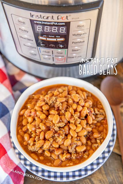 Baked Beans in a bowl next to an Instant Pot