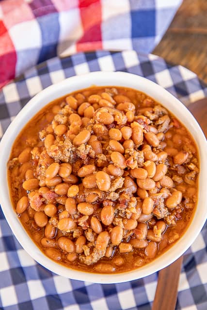 baked beans with ground beef and bacon in a bowl