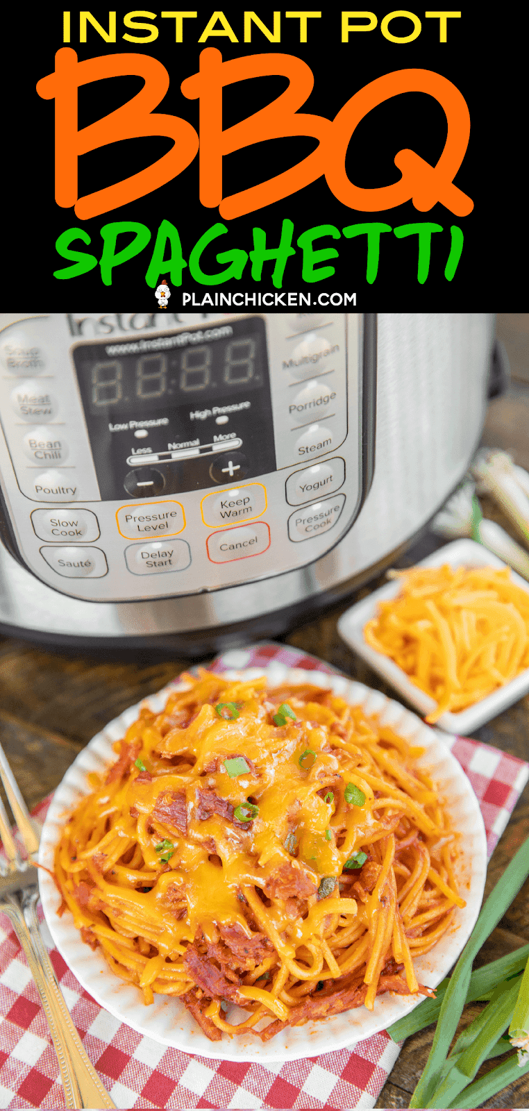 bbq spaghetti on a plate with an instant pot in the background