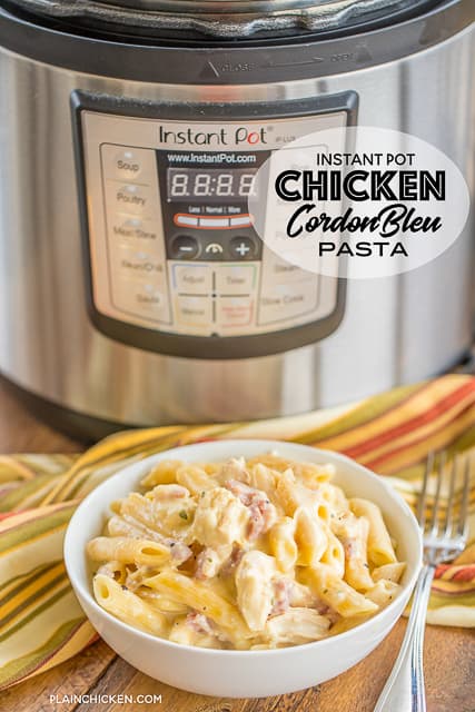 Instant Pot Chicken Cordon Bleu Pasta - only 4 minutes of cook time! Chicken, ham, dijon mustard, garlic, cream cheese, penne pasta, chicken broth, water, swiss cheese and parmesan. Crazy delicious! We made this twice in one week. #instantpot #chicken #pasta #ham #cheese