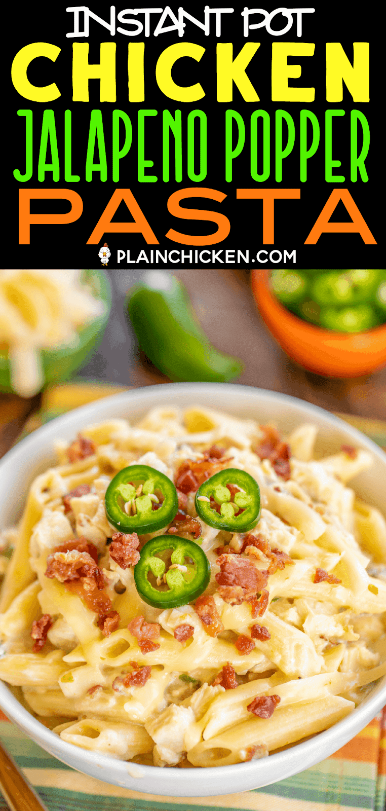 Instant Pot Chicken Jalapeño Popper Pasta - creamy chicken pasta loaded with bacon, jalapeños and pepper jack cheese! Seriously delicious! 4 minutes of cook time. We ate this two days in a row. Chicken, jalapeños, bacon, garlic, onion, chicken broth, water, cream cheese, penne pasta and pepper jack cheese. Everyone cleaned their plate! Even our picky eaters!! #chicken #InstantPot #pasta