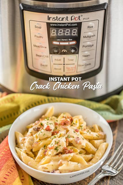 Instant Pot Crack Chicken Pasta - chicken pasta loaded with cheddar, bacon and ranch! Seriously delicious! 4 minutes of cook time. We ate this two days in a row. Chicken, ranch dressing mix, bacon, chicken broth, water, cream cheese, penne pasta and cheddar cheese. Everyone cleaned their plate! Even our picky eaters!!