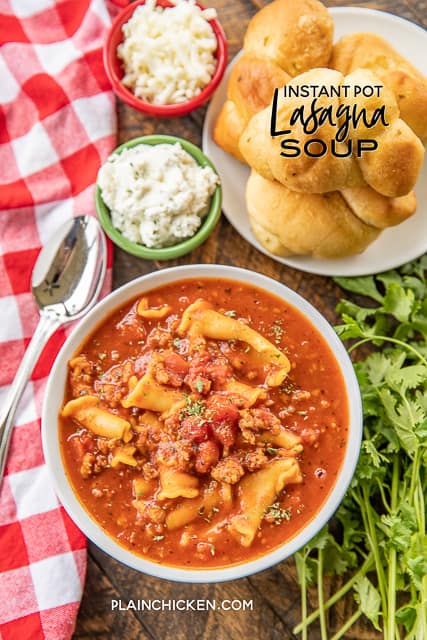 Instant Pot Lasagna Soup - I wanted to lick the bowl this was so delicious!! Tastes just like my homemade lasagna!!! Italian sausage, garlic, onion, Italian seasoning, tomato paste, tomato sauce, diced tomatoes, beef broth, spaghetti sauce and pasta. Everything cooks in the Instant Pot! SO quick and easy. Top the soup with some mozzarella and ricotta. Great with some crusty garlic bread! #instantpot #lasagna #souprecipe
