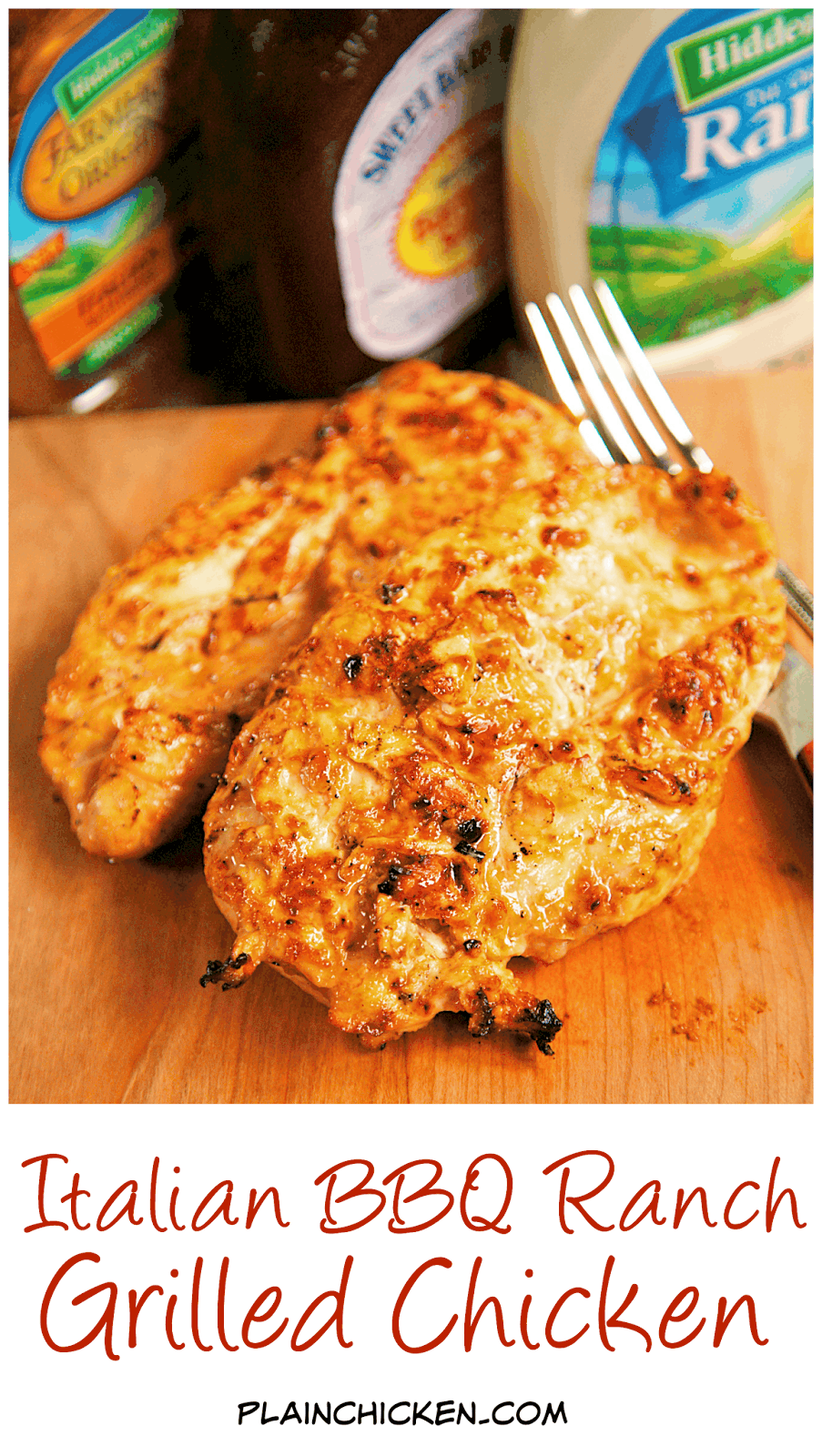 Italian BBQ Ranch Grilled Chicken Recipe - simply 4 ingredient recipe! Let the chicken marinate all day in this yummy mixture for the yummiest, juiciest chicken ever! Leftover are great on top of a salad, in a quesadilla or on top of a yummy flatbread.