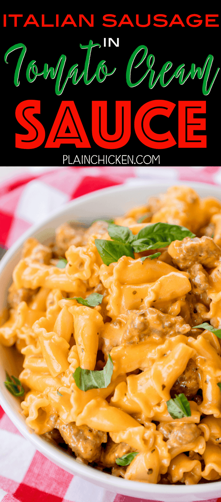 Italian Sausage in Tomato Cream Sauce - ready in 15 minutes! SO simple and tastes AMAZING! Better than any restaurant!! Pasta, Italian Sausage, heavy cream, onion, garlic, oregano, salt, pepper and tomato paste. Can add mushrooms and peppers - get creative! SO good!!!