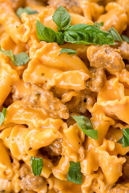 Italian Sausage in Tomato Cream Sauce - ready in 15 minutes! SO simple and tastes AMAZING! Better than any restaurant!! Pasta, Italian Sausage, heavy cream, onion, garlic, oregano, salt, pepper and tomato paste. Can add mushrooms and peppers - get creative! SO good!!!
