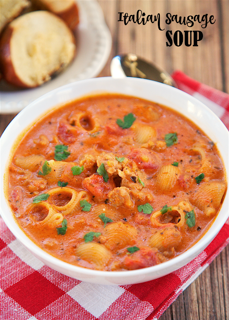 Italian Sausage Soup - ready in 30 minutes! Everything cooks in the same pot, including the pasta. Italian sausage, chicken broth, spaghetti sauce, cream cheese, pasta, oregano and basil. SO good! We ate this two days in a row. Serve with some crusty garlic bread for a complete meal!!