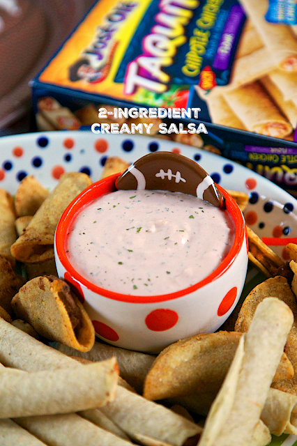 2-Ingredient Creamy Salsa Dip - literally takes 1 minute to make! I am totally addicted to this dip!!Pair with some José Olé frozen snacks for an easy tailgating feast! Also great on a salad or on top of a baked potato.