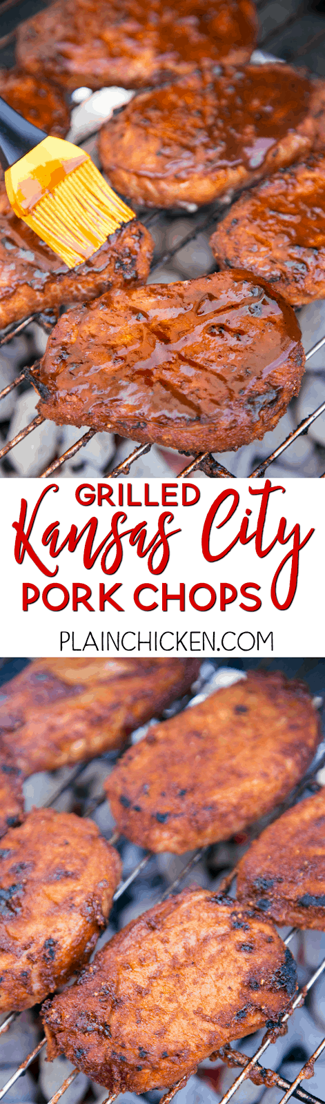 Grilled Kansas City Pork Chops - THE BEST pork chops! Season pork chops with an easy dry rub and refrigerate until ready to grill. Brush with your favorite BBQ sauce before removing from grill! Pork chops, brown sugar, paprika, garlic powder, onion powder, chili powder, salt and pepper. We make these pork chops at least once a month. We LOVE this easy grilling recipe.