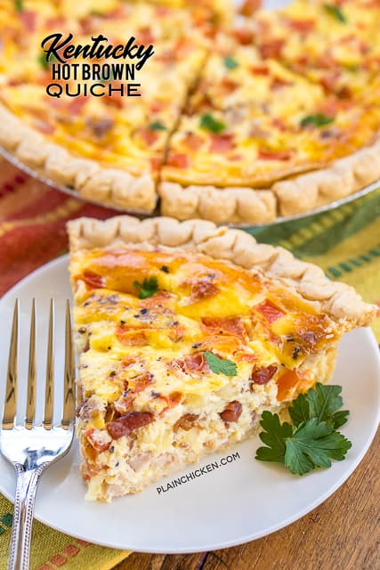 Kentucky Hot Brown Quiche - quiche loaded with turkey, tomatoes, bacon and swiss. Can make ahead of time and freeze for later. All the flavors of a Kentucky Hot Brown Sandwich in quiche form!!! Pie crust filled with turkey, bacon, tomatoes, swiss cheese, eggs, heavy cream and sour cream. Great for breakfast, lunch or diner! YUM! #quiche #freezermeal #turkeyrecipe