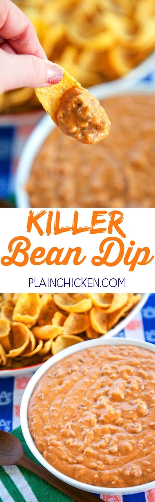Killer Bean Dip - only 5 ingredients! Refried beans, hamburger, taco seasoning, salsa and Velveeta. Can make on the stove or in the slow cooker. This stuff is CRAZY good! Great for tailgating!! I could make a meal out of this dip. Great Mexican dip!!
