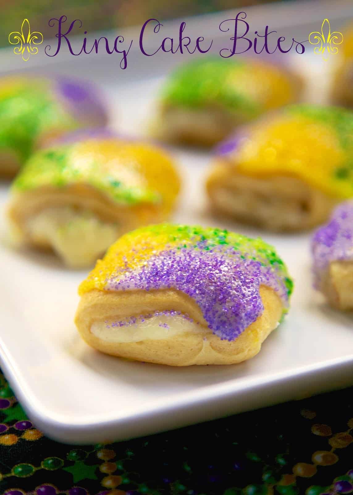 Easy King Cake Bites - present rolls filled with cinnamon and cream cheese, topped with icing and colored sugar - DELICIOUS! Great for breakfast or dessert! 