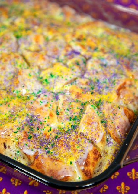 King Cake Bubble Up - We loved this!! Cinnamon rolls, eggs, milk, vanilla and cream cheese. Ready in 30 minutes. Better than any store-bought King Cake we've had! Can serve warm or room temperature. We ate way too much of this! Perfect for your Mardi Gras party!