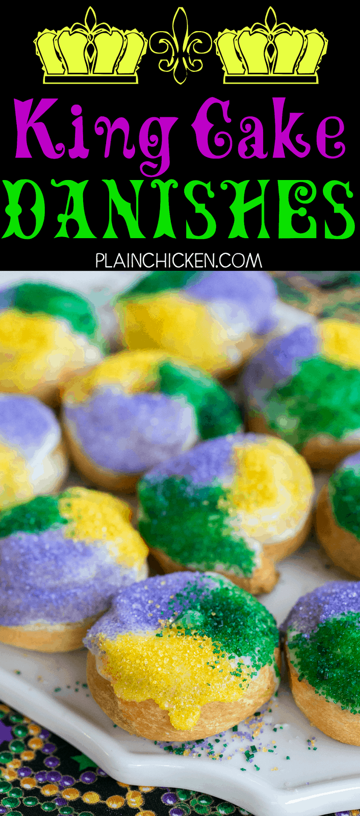 King Cake Danishes - only 5 ingredients! These things are SOOOO good!!! Perfect for Mardi Gras! Crescent rolls, cinnamon, cream cheese, powdered sugar and milk. Can make ahead of time and reheat for Fat Tuesday breakfast!