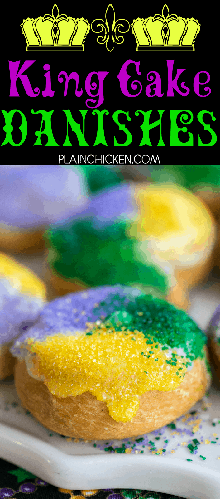 King Cake Danishes - only 5 ingredients! These things are SOOOO good!!! Perfect for Mardi Gras! Crescent rolls, cinnamon, cream cheese, powdered sugar and milk. Can make ahead of time and reheat for Fat Tuesday breakfast!