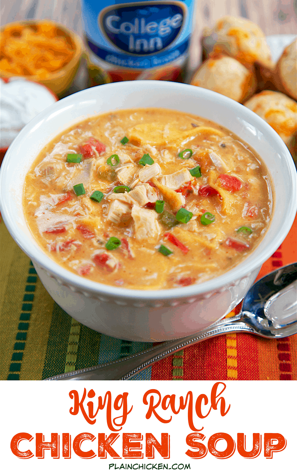 King Ranch Chicken Soup - THE BEST soup I've ever made! All the flavors of King Ranch Casserole in soup form. Rotisserie chicken (or leftover turkey), cream of chicken, cream of mushroom, Rotel tomatoes, spices, College Inn chicken broth, Velveeta and tortillas. Ready in under 30 minutes. Can also make in slow cooker.