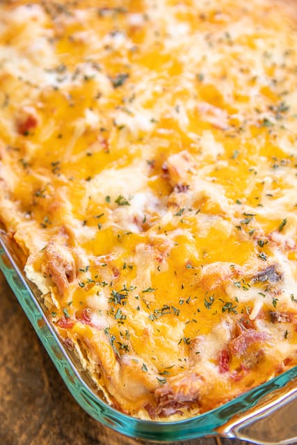 pulled pork king ranch casserole in baking dish