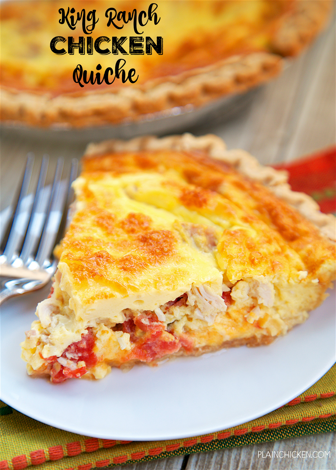 King Ranch Chicken Quiche - all the flavors of King Ranch Casserole in a quiche! Chicken, Rotel tomatoes, Velveeta, eggs and heavy cream baked in a pie crust. SOOOO good! We ate this for lunch and dinner the same day. You can make this ahead of time and freeze unbaked for later. This is always a hit in our house! Great Mexican quiche!