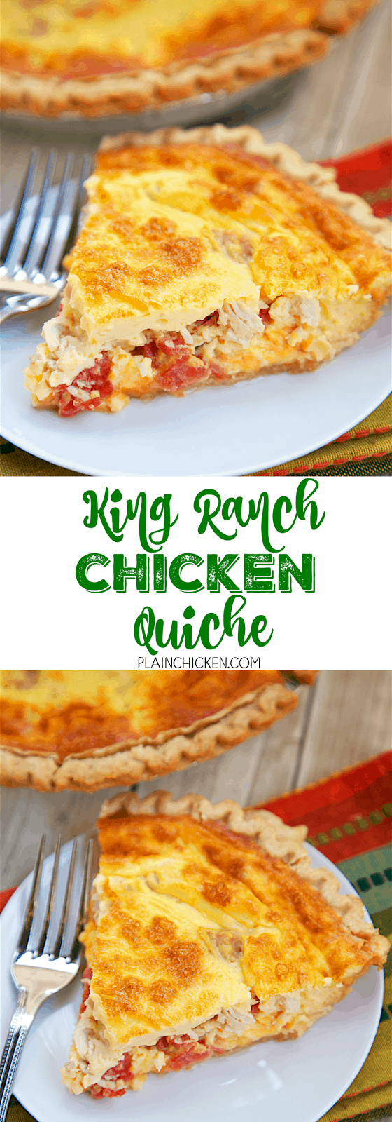 King Ranch Chicken Quiche - all the flavors of King Ranch Casserole in a quiche! Chicken, Rotel tomatoes, Velveeta, eggs and heavy cream baked in a pie crust. SOOOO good! We ate this for lunch and dinner the same day. You can make this ahead of time and freeze unbaked for later. This is always a hit in our house! Great Mexican quiche!