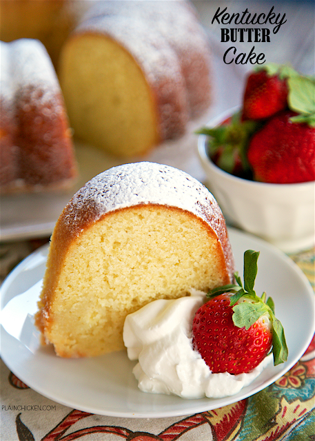 Kentucky Butter Cake - amazing homemade pound cake recipe! SO delicious!!! The cake is soaked with a butter sauce that makes the cake so moist and gives it a nice crust on the outside. Will keep for days, although it didn't last that long at our house! CRAZY good!