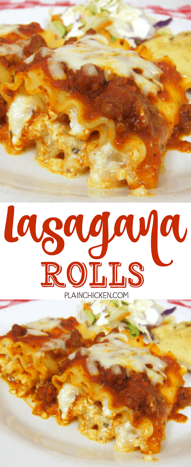 Lasagna Rolls Recipe - Lasagna noodles, topped with cheeses, rolled up and topped with sauce and mozzarella - great make-ahead meal. Can also freeze unbaked.