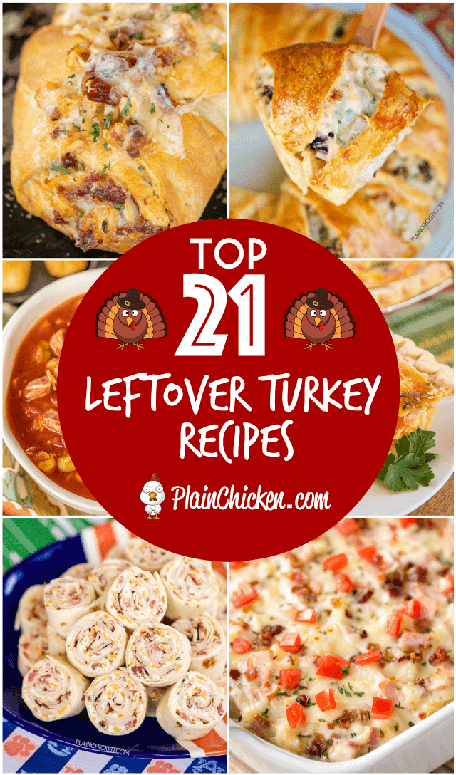 Top 21 Leftover Turkey recipes - recipes to help use up all that leftover holiday turkey. Something for everyone. You can make several of the recipes and freezer for a quick meal later. #turkey #leftovers