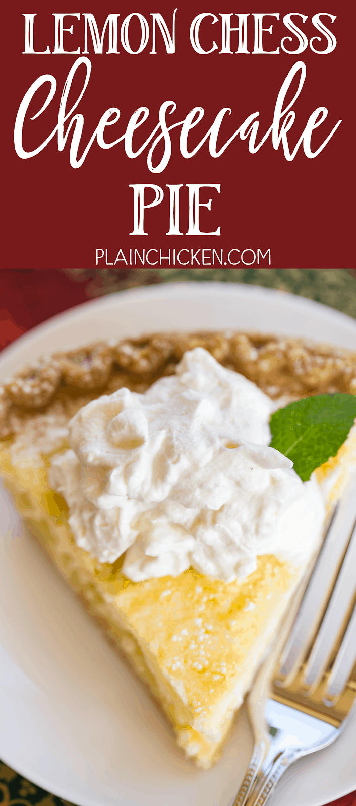 Lemon Chess Cheesecake Pie - two favorites in one dessert! Quick cheesecake layer on the bottom and a delicious homemade lemon chess pie on top! Pie crust, cream cheese, sugar, eggs, butter, milk, lemon juice, lemon rind, flour, cornmeal. Can make ahead of time and refrigerate until ready to serve. Top with fresh homemade whipped cream. SO good! A MUST for your holiday meal!!
