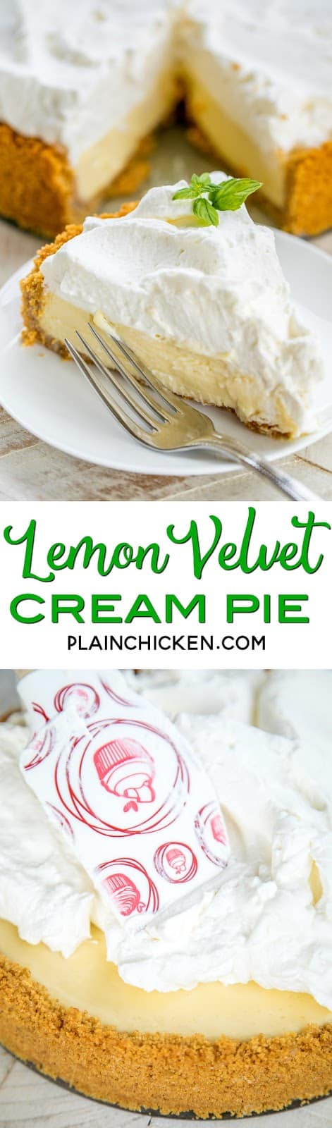 Lemon Velvet Cream Pie - hands down THE BEST lemon pie EVER!!! Everyone raves about this pie. Graham cracker crust, gelatin, egg yolks, sweetened condensed milk, whipping cream and lemon juice, powdered sugar. Can make a day or two in advance and top with fresh whipped cream before serving. I wanted to lick my plate! A must for all your holidays and dinner parties! #pie #dessert #lemonpie