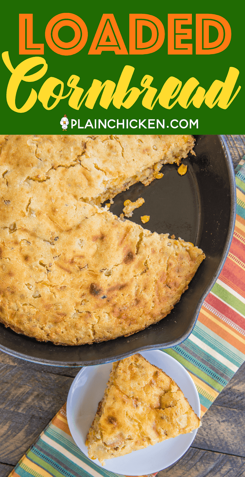 Loaded Cornbread - our favorite cornbread loaded with cheddar cheese, green chiles, creamed corn and bacon! OMG! I could have made a meal out of this yummy cornbread. Great side dish for soups and grilled meats. Give this a try ASAP! SO good!! #cornbread #bacon #bread #sidedish