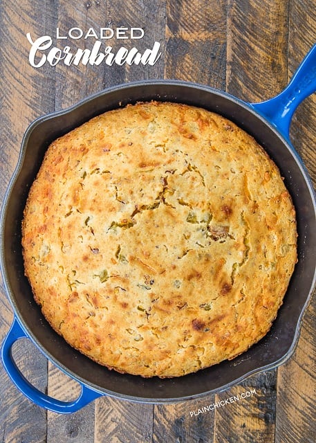 Loaded Cornbread - our favorite cornbread loaded with cheddar cheese, green chiles, creamed corn and bacon! OMG! I could have made a meal out of this yummy cornbread. Great side dish for soups and grilled meats. Give this a try ASAP! SO good!! #cornbread #bacon #bread #sidedish