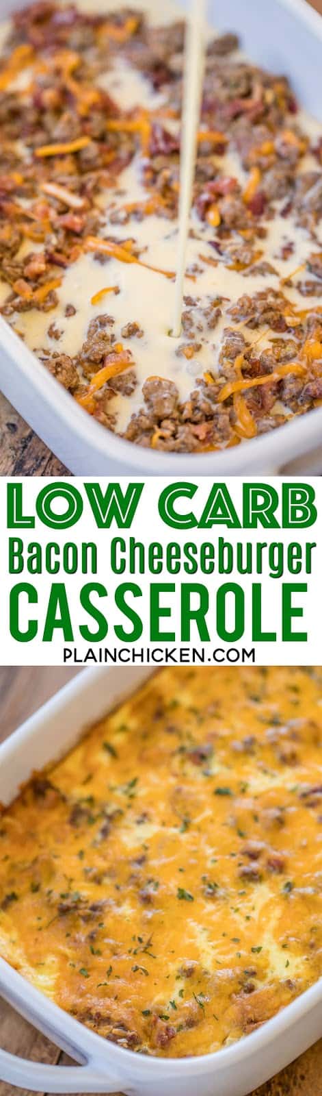Low Carb Bacon Cheeseburger Casserole - low on carbs but high on taste! SO good! Everyone cleaned their plate and asked for seconds!! Ground beef, bacon, ketchup, mustard, onion, Ranch, cheddar cheese, eggs, milk and sour cream. It is like a quiche without the crust. Ready in 30 minutes. Can make ahead and refrigerate or freeze for later. #casserole #freezermeal