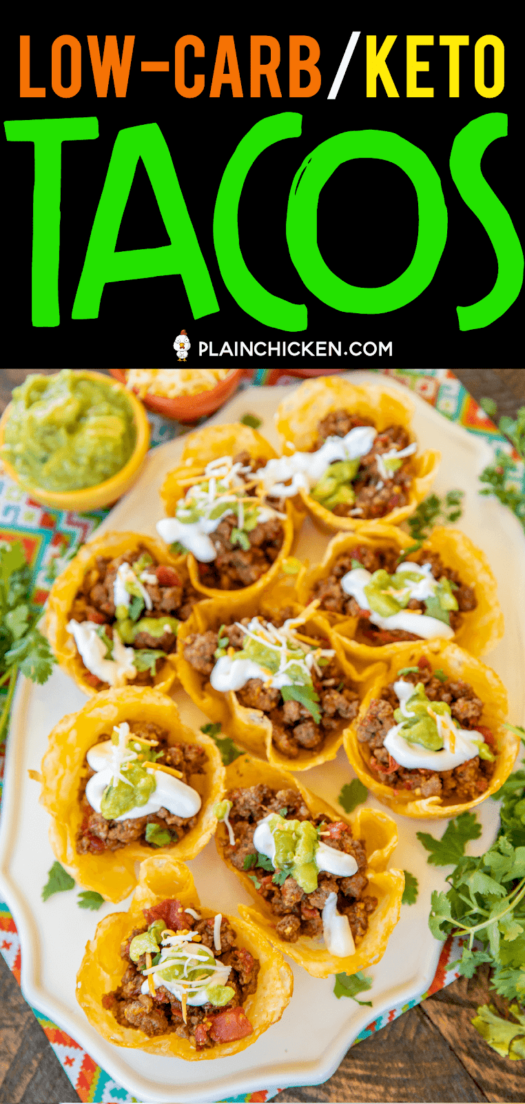 Low-Carb Keto Tacos - all the flavors of tacos without all the carbs! The shells are made out of cheese! OMG! YUM! Cheese, ground beef or turkey, taco seasoning, diced tomatoes and green chiles, and water. Ready to eat in minutes. Can make shells ahead of time for a quick weeknight meal. You'll never miss the carbs! #lowcarb #keto #tacos #mexicanfood #texmex
