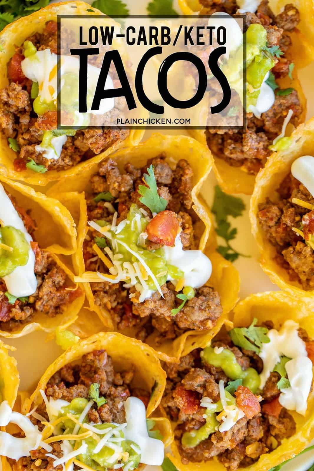 Low-Carb Keto Tacos - all the flavors of tacos without all the carbs! The shells are made out of cheese! OMG! YUM! Cheese, ground beef or turkey, taco seasoning, diced tomatoes and green chiles, and water. Ready to eat in minutes. Can make shells ahead of time for a quick weeknight meal. You'll never miss the carbs! #lowcarb #keto #tacos #mexicanfood #texmex