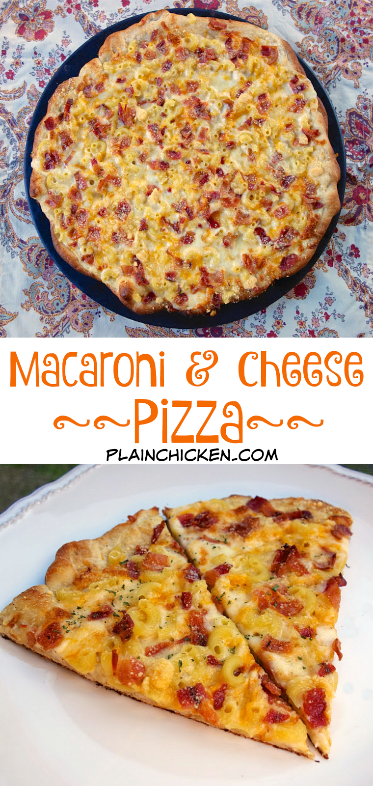 Macaroni and Cheese Pizza - alfredo sauce, macaroni, cheese and bacon pizza - SOOO good! Kids (and adults) gobble this up!!