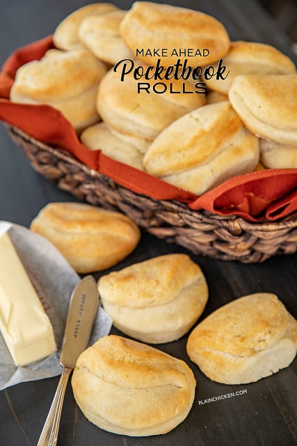Make Ahead Pocketbook Rolls - dough will keep for 2 weeks in the refrigerator!! Great make ahead side for your holiday meals!!! SO light and fluffy. Yeast, water, self-rising flour, baking soda, sugar, shortening, buttermilk and melted butter. Everyone goes crazy over these yummy rolls. #rolls #bread #makeahead