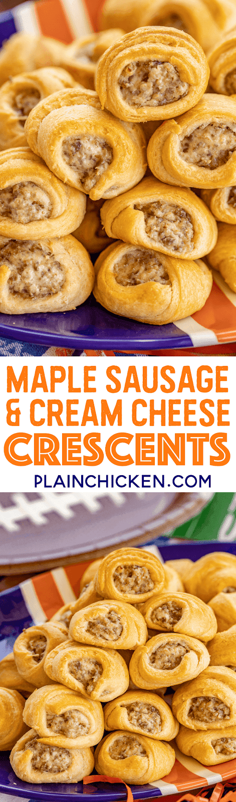 Maple Sausage and Cream Cheese Crescents - we are addicted to these things! OMG! SO good! Only 4 ingredients - sausage, cream cheese, maple and crescent rolls. Can make the filling ahead of time and refrigerate until ready to bake crescents. Great for breakfast, lunch, dinner, parties and tailgating!!! I always double the recipe because these never last long! YUM! #partyfood #breakfast #crescentrolls #maple #sausage