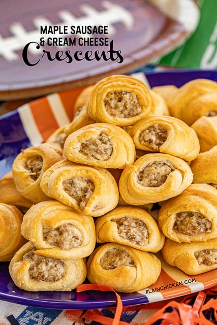 Maple Sausage and Cream Cheese Crescents - we are addicted to these things! OMG! SO good! Only 4 ingredients - sausage, cream cheese, maple and crescent rolls. Can make the filling ahead of time and refrigerate until ready to bake crescents. Great for breakfast, lunch, dinner, parties and tailgating!!! I always double the recipe because these never last long! YUM! #partyfood #breakfast #crescentrolls #maple #sausage
