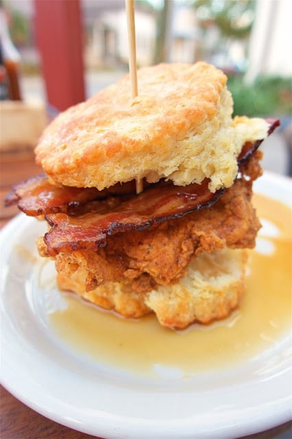 Maple Street Biscuit Company - The Sticky Maple - Flaky biscuit, all natural fried chicken breast, pecan wood smoked bacon all topped with Bissell Family Farm real maple syrup. SO good!
