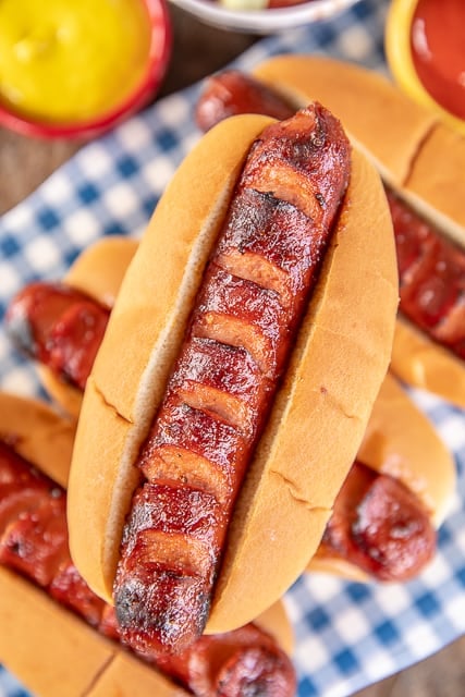 grilled hot dog on a platter