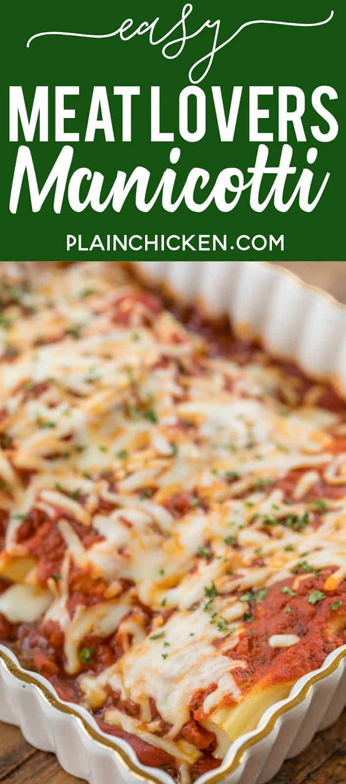 Easy Meat Lovers Manicotti Recipe - manicotti stuffed with cheese, ham and pepperoni and baked in a quick meat sauce. Super easy and DELICIOUS stuffed pasta casserole. Use string cheese to easily stuff cooked manicotti noodles. Can make ahead and refrigerate or freeze for later. All you need is a salad and some garlic bread for a quick weeknight meal!! #casserole #manicotti #pastacasserole #bakedpasta #freezermeal #makeaheadmeal