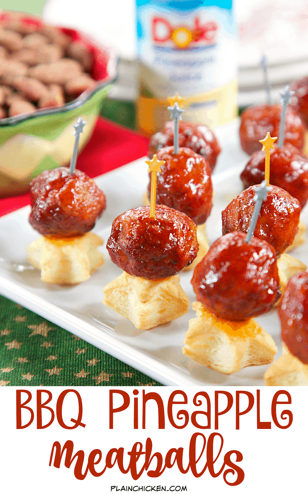 BBQ Pineapple Meatballs - only 3 ingredients! Serve on top of cut out puff pastry for a festive holiday appetizer. Can make on the stove-top or slow cooker. 